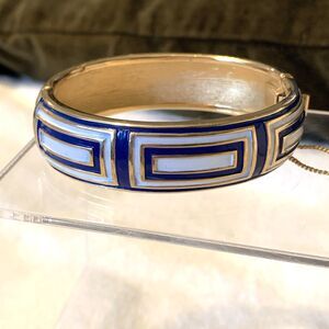 Vintage Signed Trifari Bracelet Blue Enamel Gold Tone Hinged Bangle Geometric